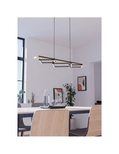 Suspension LED BOYAL à 3 profilés carrés, 40,5 W, 3 600 lm, 3 000 K, noir/chêne, 1 010 mm