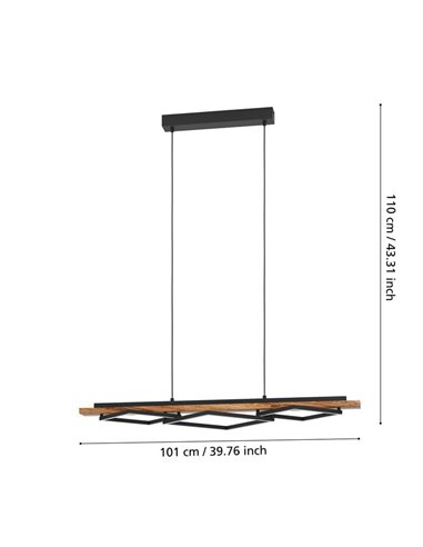 Suspension LED rustique BOYAL à profilés carrés, 40,5 W, 3 600 lm, 3 000 K, noir/bois, 1 010 mm
