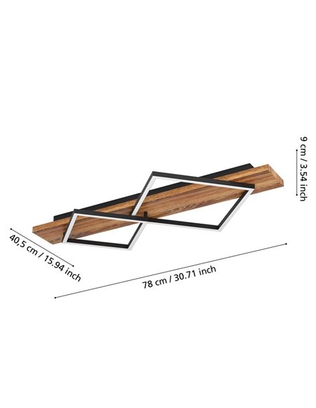 Plafonnier LED rustique BOYAL avec 2 profilés carrés, 24 W, 1700 lm, 3000 K, noir/bois, 780 mm