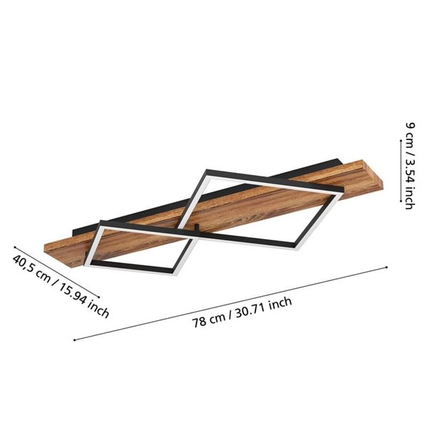 Luminária de teto LED rústica BOYAL com 2 perfis quadrados, 24W 1700lm 3000K, preta/madeira, 780mm