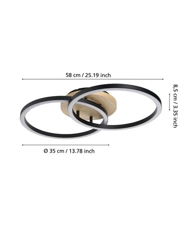 Plafón de techo LED inteligente 2 aros LOMALTAS-Z 20W 2300Lm CCT regulable, base madera 780mm