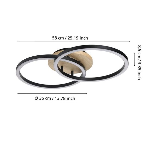 Plafonnier LED intelligent LOMALTAS-Z 20 W 2300 lm, 2 anneaux lumineux, dimmable, socle en bois 780 mm