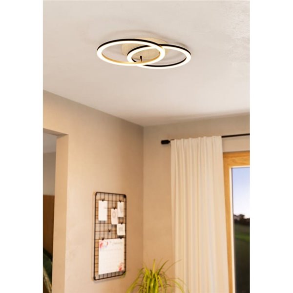 Plafonnier LED intelligent LOMALTAS-Z 20 W 2300 lm, 2 anneaux lumineux, dimmable, socle en bois 780 mm