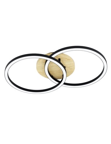 Plafonnier LED intelligent LOMALTAS-Z 20 W 2300 lm, 2 anneaux lumineux, dimmable, socle en bois 780 mm