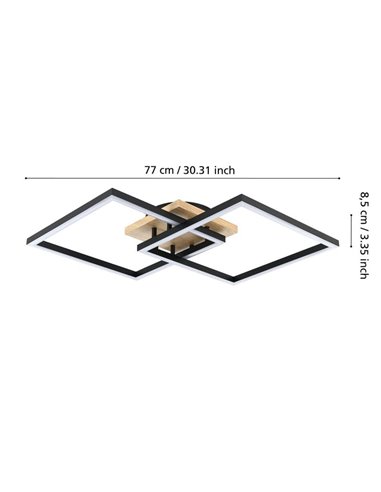 Plafón de techo LED inteligente con 2 cuadrados LOMALTAS-Z 30W 3600Lm CCT regulable, nbase madera 980mm