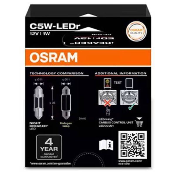 Ampoule LED OSRAM NIGHT BREAKER C5W 36 mm ECE – 12 V 6000 K, certifiée ECE, lumière blanche intense, référence 2825DWNB-2HFB