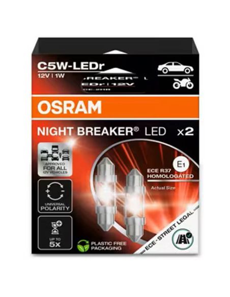 Ampoule LED OSRAM NIGHT BREAKER C5W 36 mm ECE – 12 V 6000 K, certifiée ECE, lumière blanche intense, référence 2825DWNB-2HFB