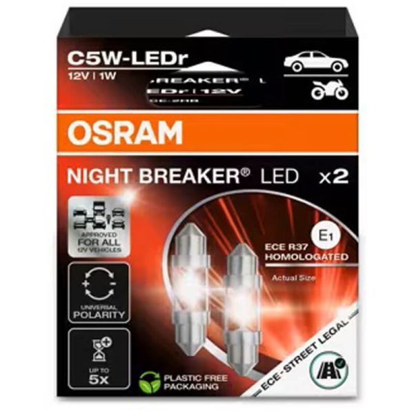 OSRAM NIGHT BREAKER LED C5W 36mm ECE – Bombilla LED homologada 12V 6000K luz blanca intensa 2825DWNB-2HFB