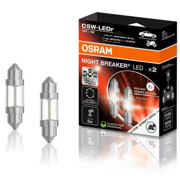 Ampoule LED OSRAM NIGHT BREAKER C5W 36 mm ECE – 12 V 6000 K, certifiée ECE, lumière blanche intense, référence 2825DWNB-2HFB