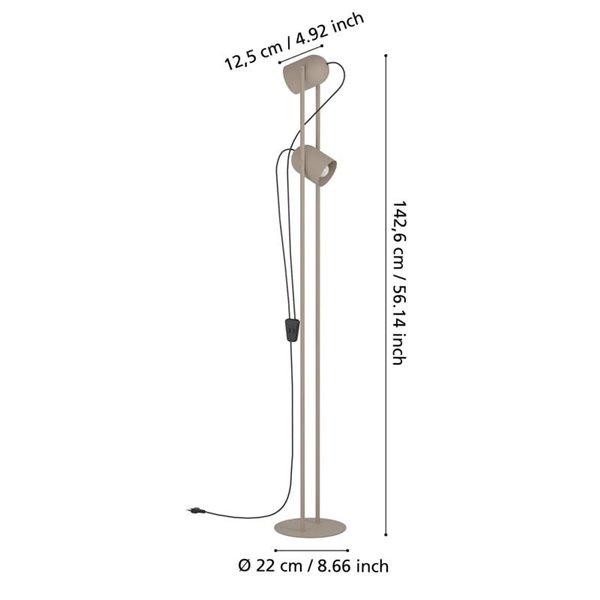Luminária de chão com 2 spots ajustáveis E14 TILSTON, metal cor areia, 2×40W, 1425mm