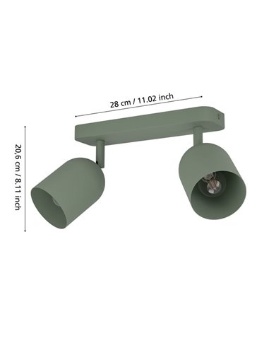 Regleta con 2 focos orientables TILSTON E14 (no incl), verde musgo 280×80×205mm