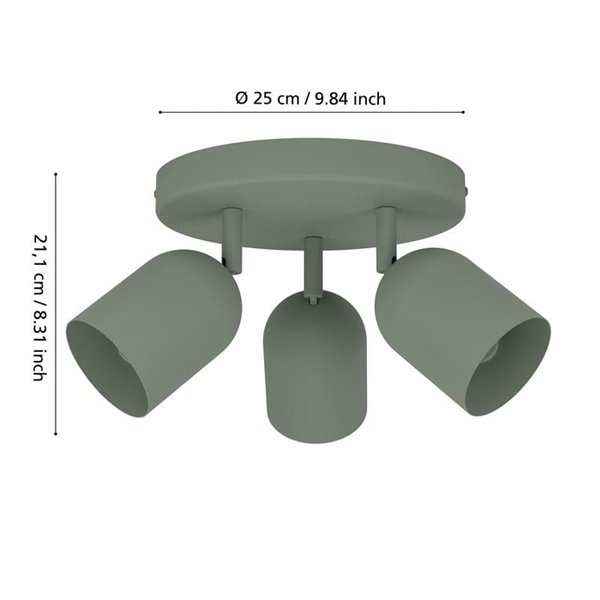 Plafón de techo redondo con 3 focos TILSTON E14 (no incl.) 3×40W, verde musgo Ø280×100 mm