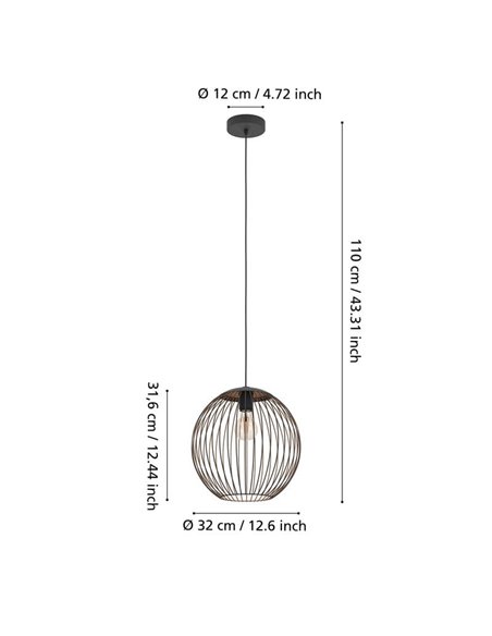 Luminária pendente moderna ALMANZORA em metal preto e cobre, soquete E27 (não incluso), Ø320mm