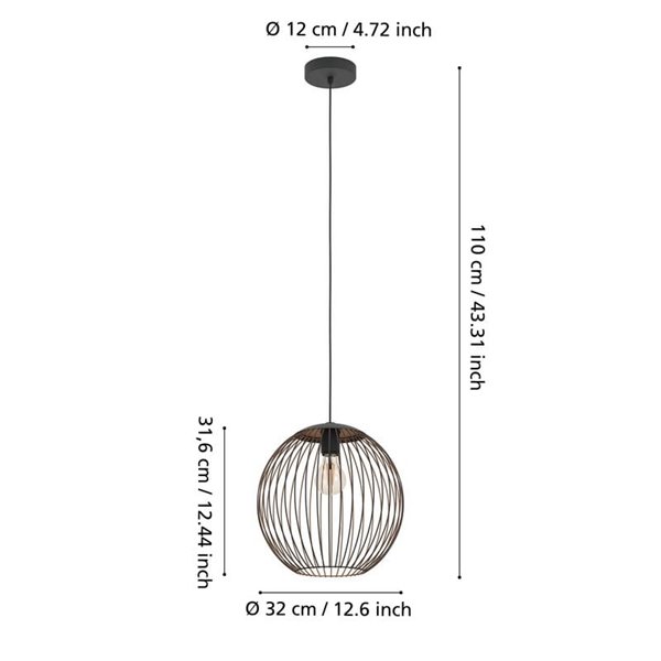 Luminária pendente moderna ALMANZORA em metal preto e cobre, soquete E27 (não incluso), Ø320mm