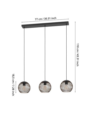 Lámpara colgante industrial 3 luces E27 (no incl)ALMANZORA negra y cobre