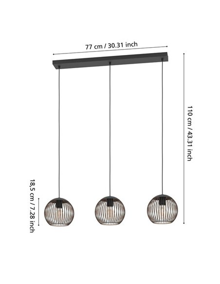 Suspension industrielle 3 lumières E27 (non fournie) ALMANZORA noir et cuivre