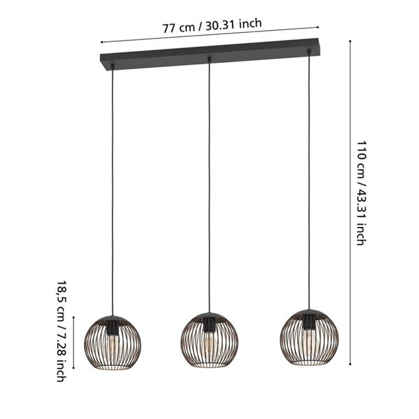 Suspension industrielle 3 lumières E27 (non fournie) ALMANZORA noir et cuivre