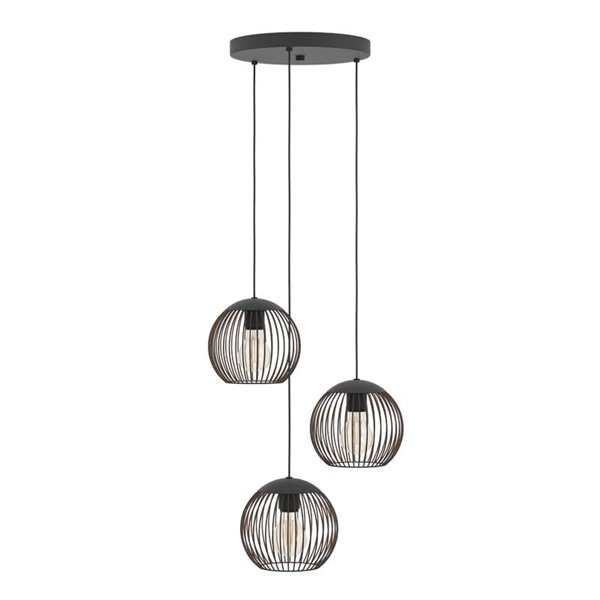 Suspension industrielle ALMANZORA, 3 lumières, noir et cuivre, ronde, E27 (non inclus)