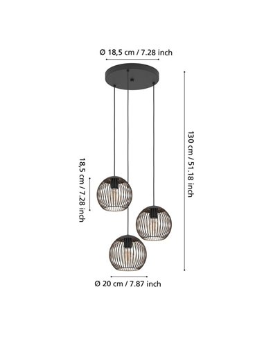 Suspension industrielle ALMANZORA, 3 lumières, noir et cuivre, ronde, E27 (non inclus)