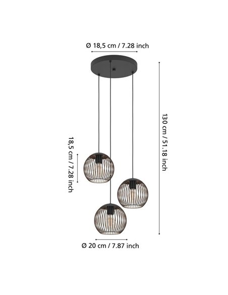 Suspension industrielle ALMANZORA, 3 lumières, noir et cuivre, ronde, E27 (non inclus)