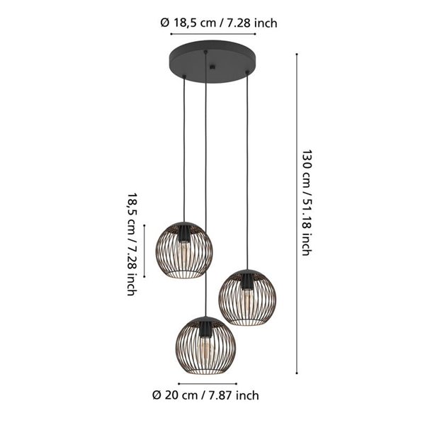 Lámpara colgante industrial ALMANZORA 3 luces negra y cobre redonda E27 (no incl.)