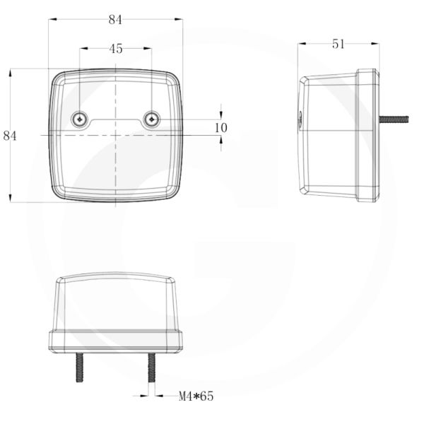 Indicador de posição e seta em LED, homologado para 12/24V IP6K9K, para tratores e máquinas agrícolas, 8,4 cm x 8,4 cm.