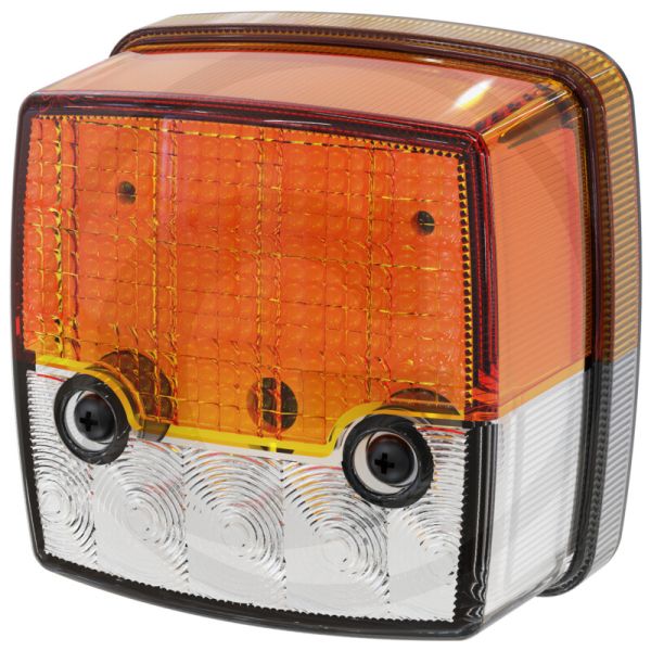 Indicador de posição e seta em LED, homologado para 12/24V IP6K9K, para tratores e máquinas agrícolas, 8,4 cm x 8,4 cm.