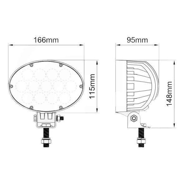 Dimensions du projecteur de travail ovale à DEL John Deere 65 W 5 200 lm 12/24 V (remplacement AL154553)