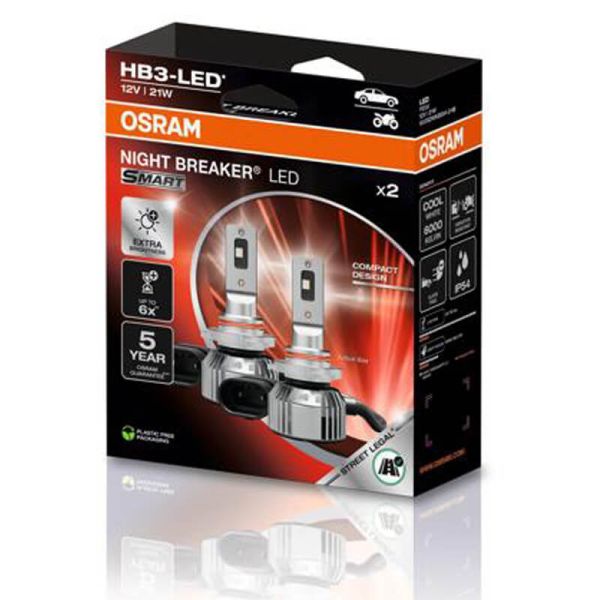Ampoules LED intelligentes OSRAM NIGHT BREAKER HB3 – Homologuées, 12 V, 6 000 K, lumière blanche, référence 9005DWNBSM-2HB