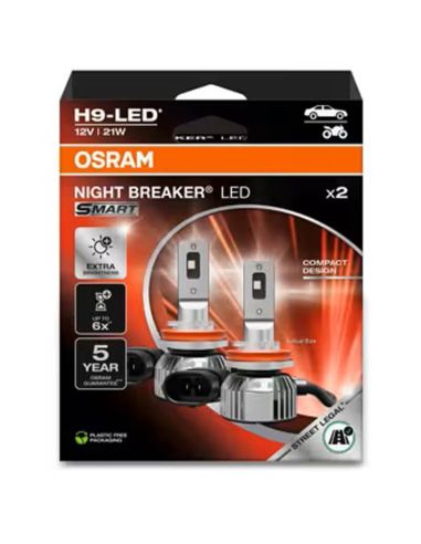 Ampoule LED intelligente OSRAM NIGHT BREAKER H9 – Homologuée, 12 V, 6 000 K, lumière blanche intense 64213DWNBSM-2HB