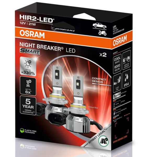 Pack 2 OSRAM NIGHT BREAKER LED SMART HIR2 – LED homologado 6000K hasta +330 % más de luz 9012DWNBSM-2HB