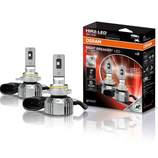 Pack 2 OSRAM NIGHT BREAKER LED SMART HIR2 – LED homologado 6000K hasta +330 % más de luz 9012DWNBSM-2HB