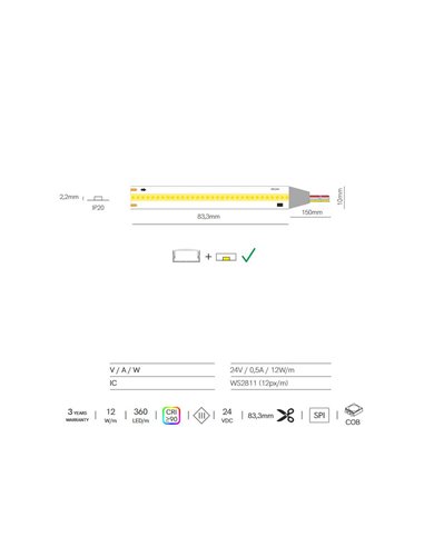 Fita de LED com tecnologia SPI, rolo de 5 metros, FINE RUNNING, 24VDC, 12W/m, 950/1050Lm, cor única 2700K/3000K/4000K, IP20