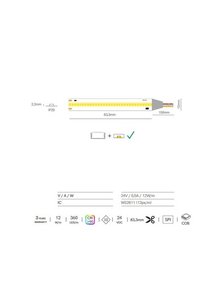 Tira LED con tecnología SPI rollo 5 metros FINE RUNNING 24VDC 12W/m 950/1050Lm, monocolor 2700K/3000K/4000K IP20