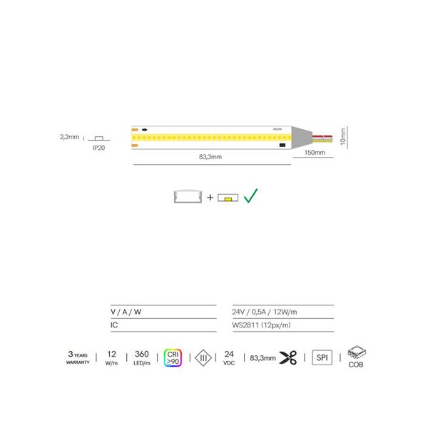 Fita de LED com tecnologia SPI, rolo de 5 metros, FINE RUNNING, 24VDC, 12W/m, 950/1050Lm, cor única 2700K/3000K/4000K, IP20