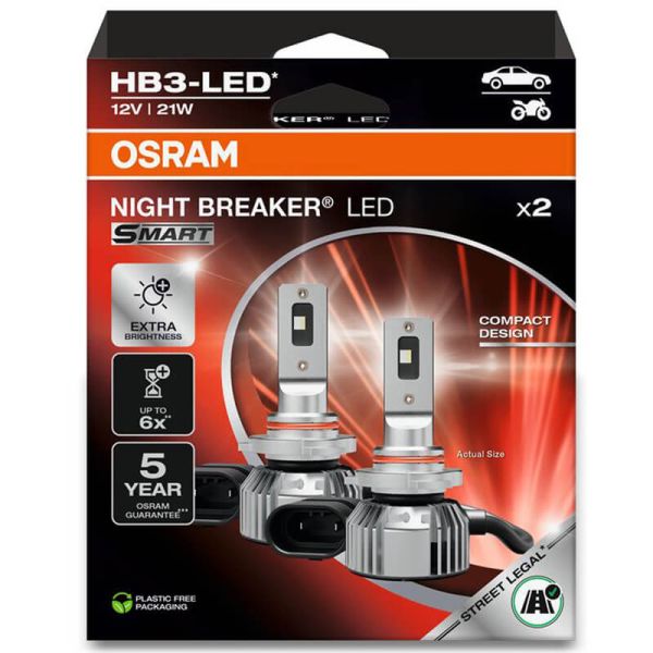 OSRAM NIGHT BREAKER LED SMART HB3 – Bombillas LED homologadas 12V 6000K luz blanca 9005DWNBSM-2HB