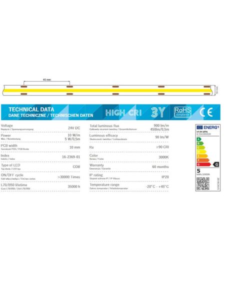 Tira LED COB 24V 10W/m 2640 LED 2700K IP20 CRI90 25m Adesivo de alto CRI