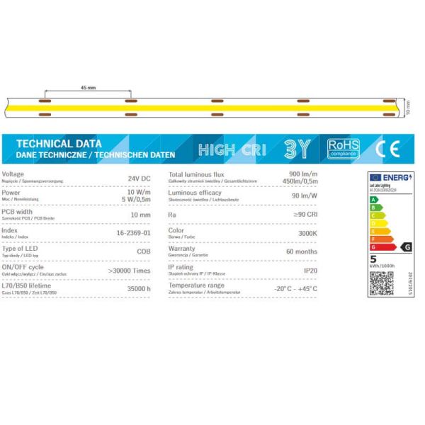 Tira LED COB 24V 10W/m 2640 LED 2700K IP20 CRI90 25m High CRI adhesiva
