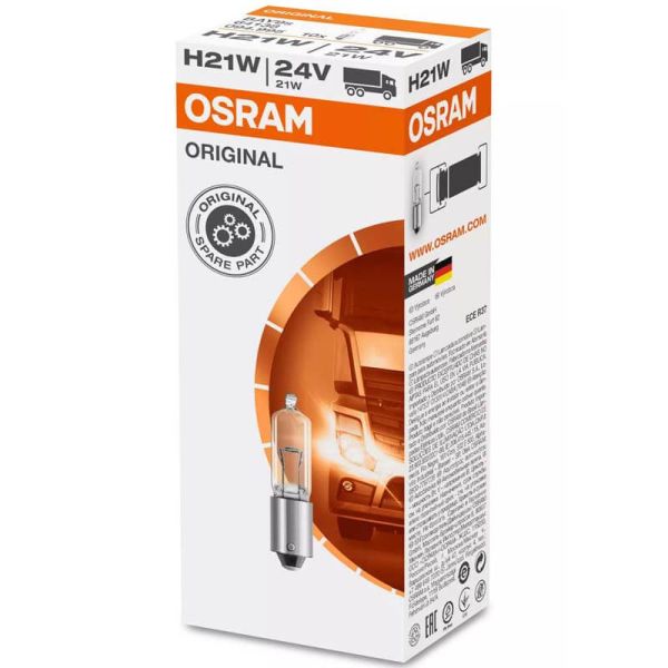 Lâmpada ORIGINAL OSRAM H21W BAY9s 24V com base metálica – Substituição OEM para sinalização.