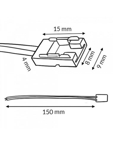 Conector com cabo para fita LED monocromática de 8 mm, 2 pinos, 12 V/24 V