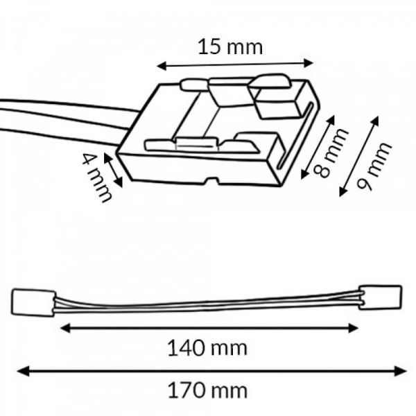 Conector duplo com cabo para fita LED monocromática de 8 mm, 2 pinos, 12 V/24 V