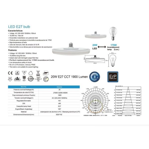 Lâmpada LED plana E27 com difusor...