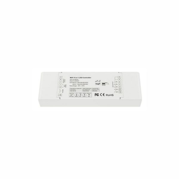 Controlador TUYA WiFi + RF de 2,4 GHz com 5 canais para fitas de LED de cor única, CCT, RGB, RGBW e RGB+CCT.