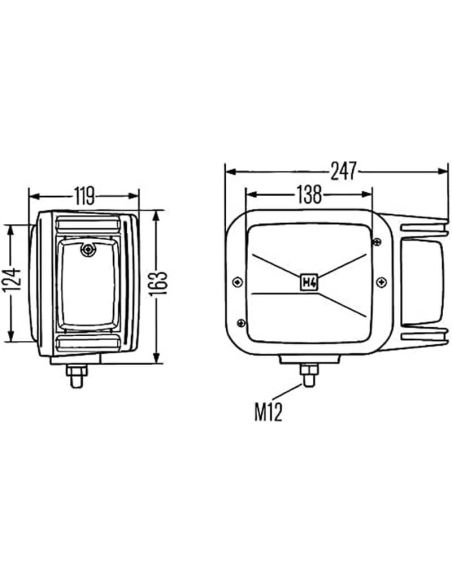 Dimensões do farol halógeno HELLA 12/24V ECE - Montagem externa - Esquerda ou direita