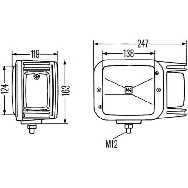 Dimensões do farol halógeno HELLA 12/24V ECE - Montagem externa - Esquerda ou direita