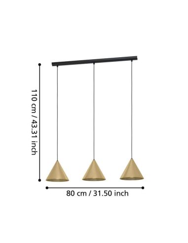 Lámpara colgante 3 luces cónicas NARICES, diseño New Nordic, negro/latón, E27 (no incl.) 920×1100×220 mm