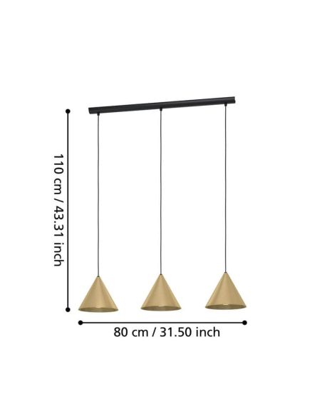 Lámpara colgante 3 luces cónicas NARICES, diseño New Nordic, negro/latón, E27 (no incl.) 920×1100×220 mm