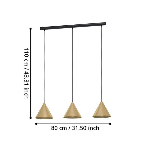 Lámpara colgante 3 luces cónicas NARICES, diseño New Nordic, negro/latón, E27 (no incl.) 920×1100×220 mm