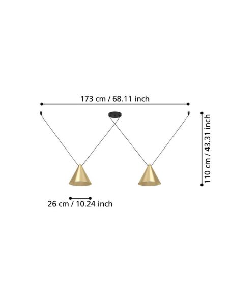 Lámpara colgante 2 luces cónicas NARICES-1, latón cepillado y negro, diseño New Nordic, E27 (no incl.)