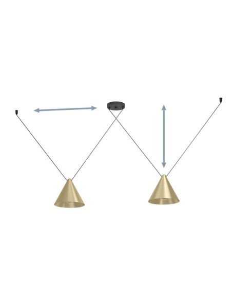 Lámpara colgante 2 luces cónicas NARICES-1, latón cepillado y negro, diseño New Nordic, E27 (no incl.)